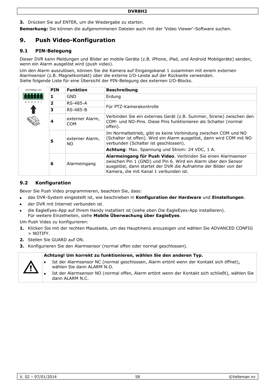 Push video-konfiguration, 1 pin-belegung, 2 konfiguration | Velleman DVR8H2 Quick Installation Guide User Manual | Page 58 / 64