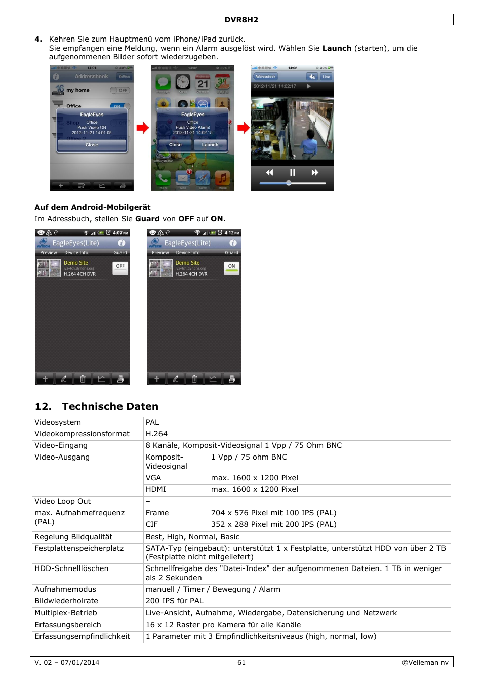 Auf dem android-mobilgerät, Technische daten | Velleman DVR8H2 Quick Installation Guide User Manual | Page 61 / 64