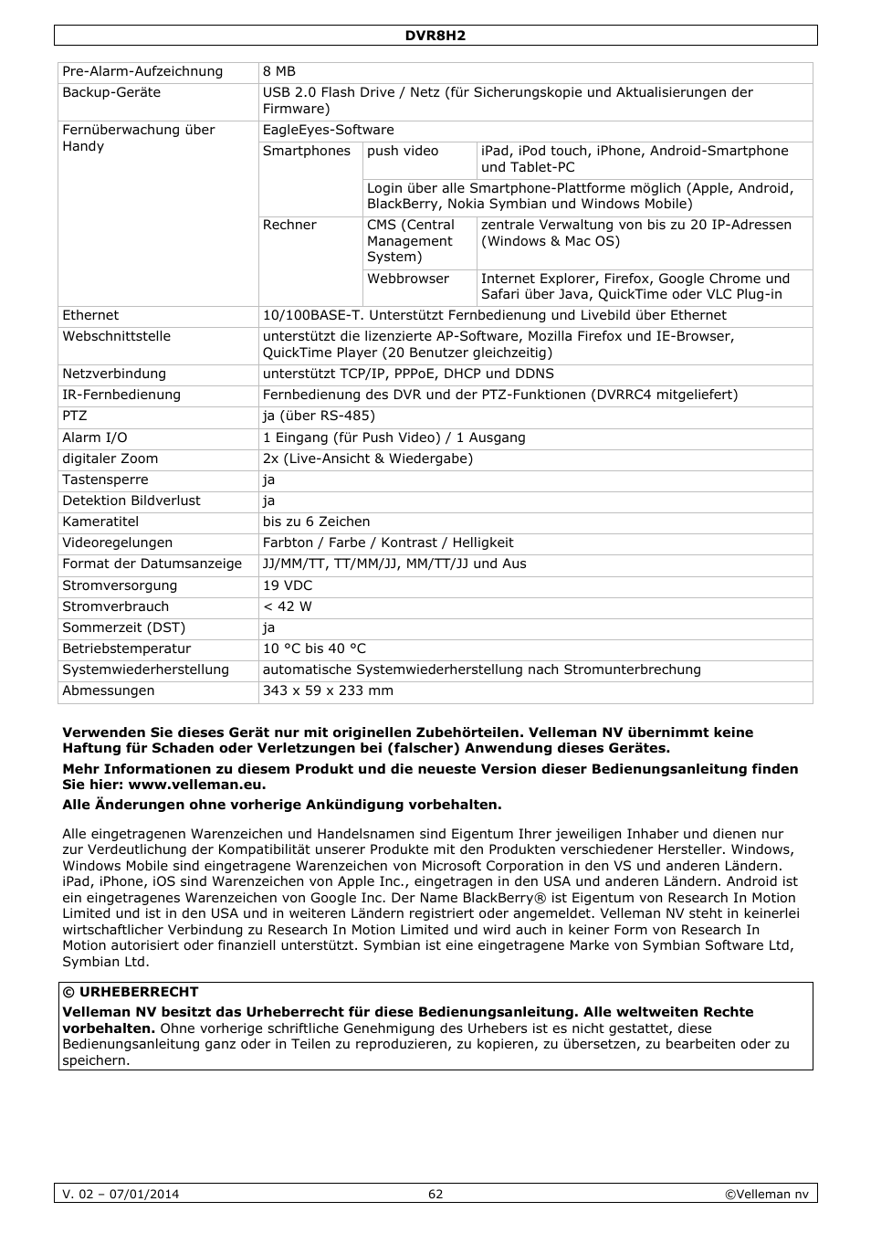Velleman DVR8H2 Quick Installation Guide User Manual | Page 62 / 64