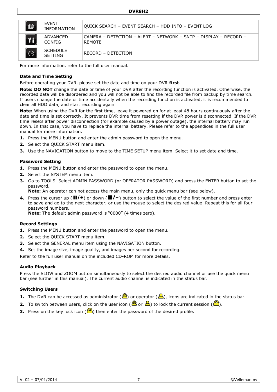 Date and time setting, Password setting, Record settings | Audio playback, Switching users | Velleman DVR8H2 Quick Installation Guide User Manual | Page 7 / 64