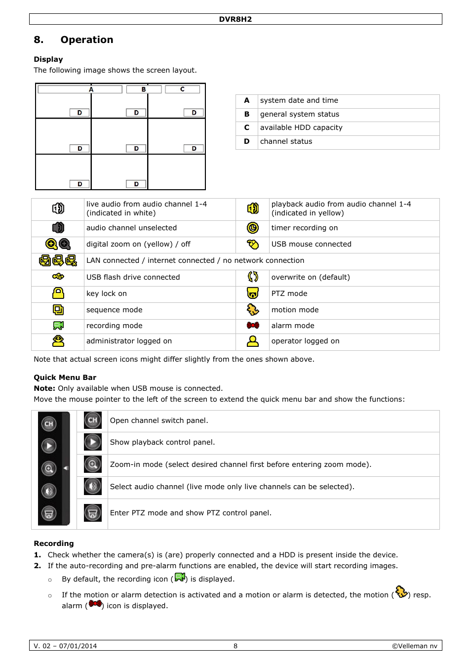 Operation, Display, Quick menu bar | Recording | Velleman DVR8H2 Quick Installation Guide User Manual | Page 8 / 64