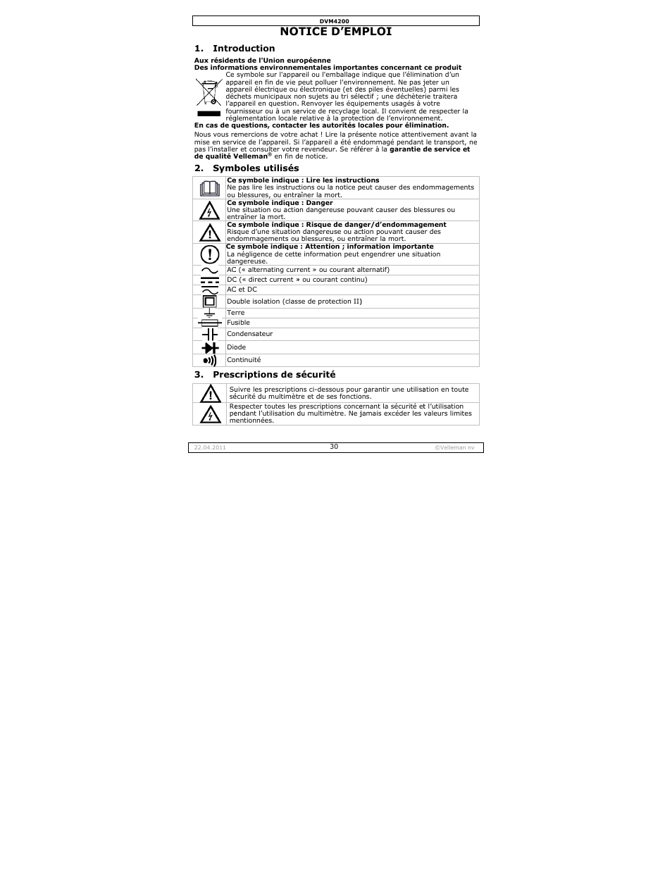 Notice d'emploi, Tice d’em, Ploi | Velleman DVM4200 User Manual | Page 30 / 72