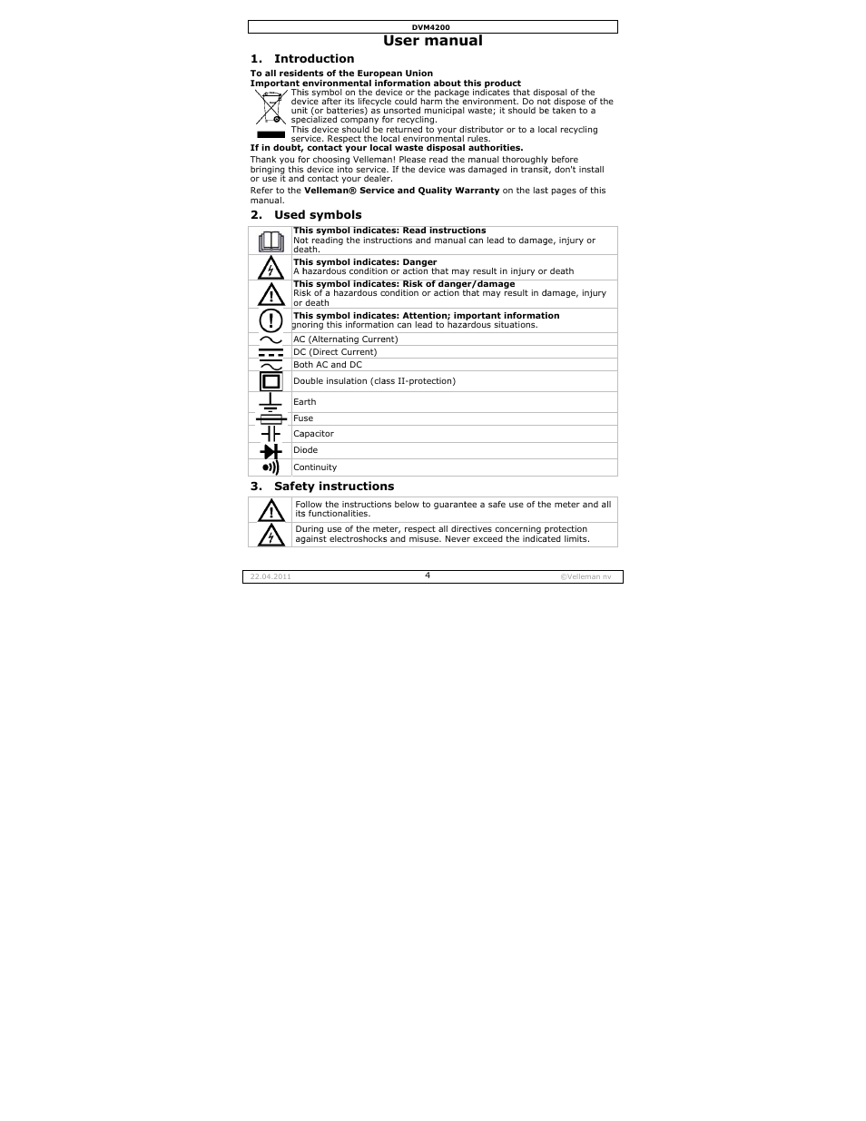 User manual, User manu | Velleman DVM4200 User Manual | Page 4 / 72
