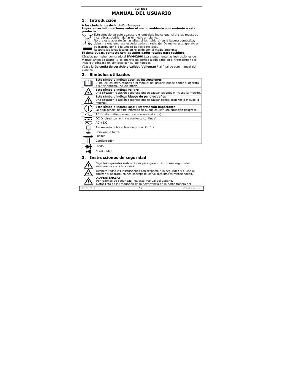 Manual del usuario, Manu, Ual del us | Suario | Velleman DVM4200 User Manual | Page 43 / 72