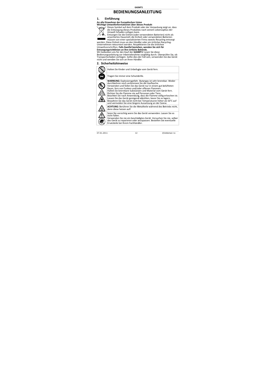 Bedienungs, Sanleitung | Velleman GASMT1 User Manual | Page 12 / 18
