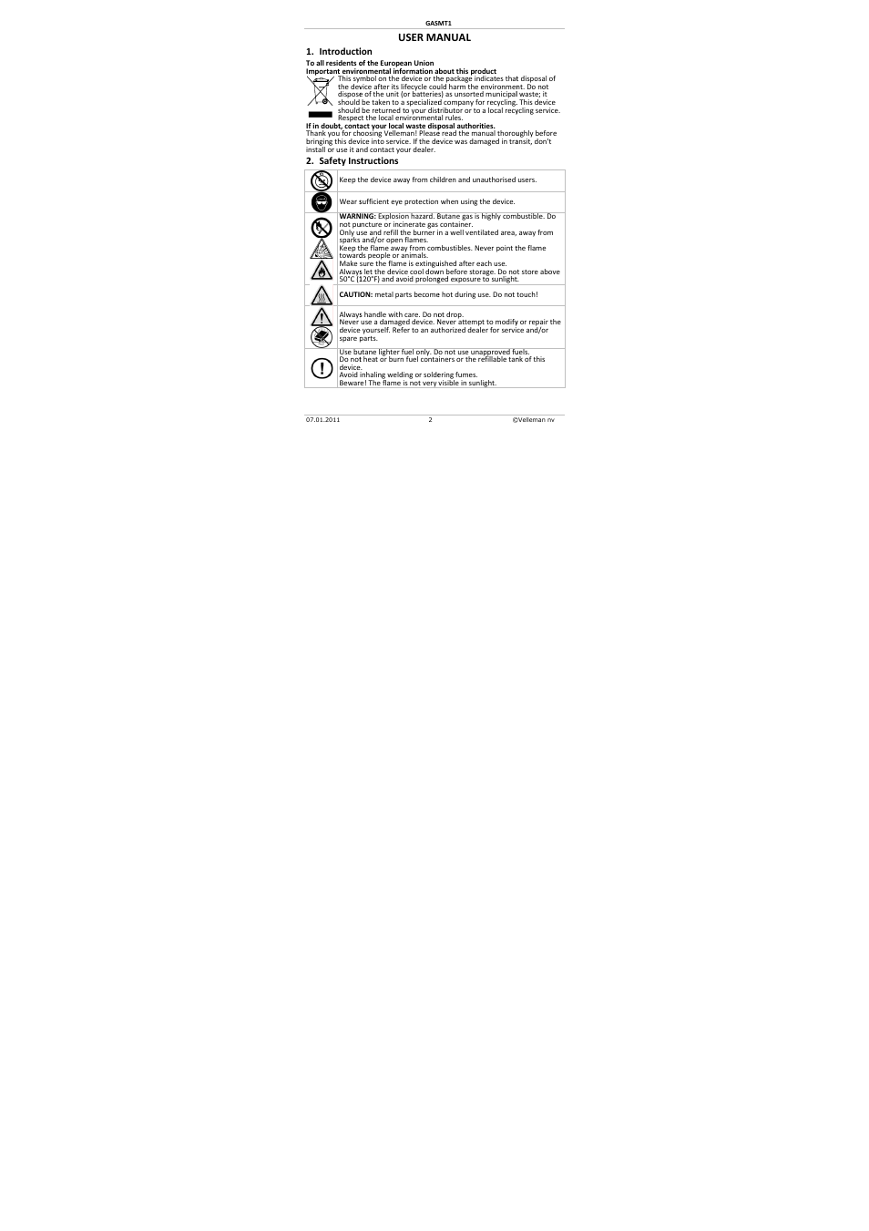 User ma, Anual | Velleman GASMT1 User Manual | Page 2 / 18
