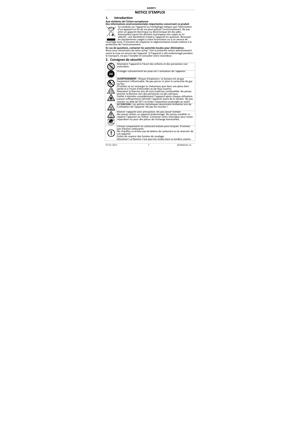 Notice d, Emploi | Velleman GASMT1 User Manual | Page 7 / 18