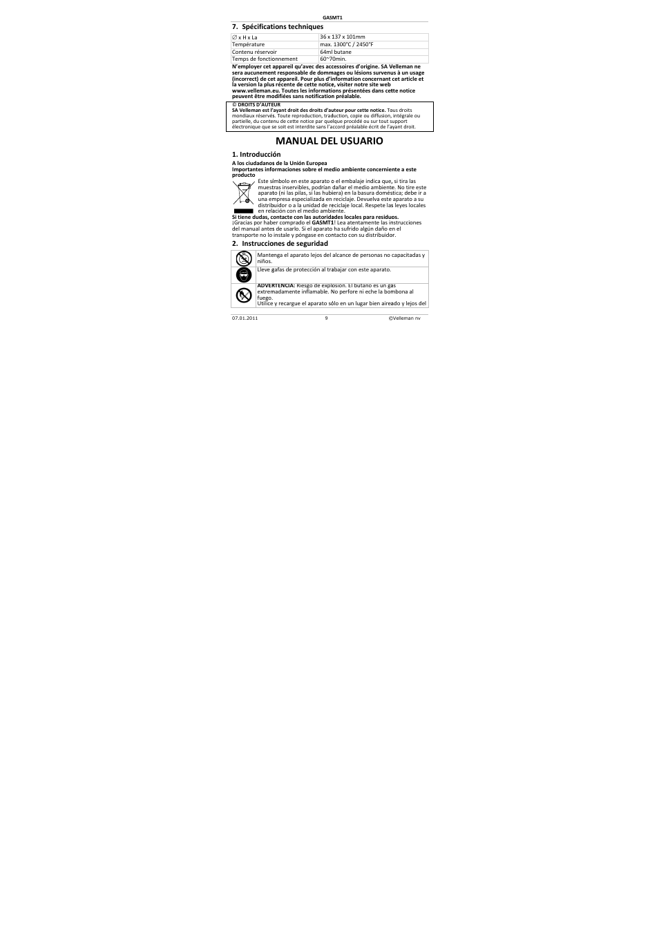 Manual de, El usuario | Velleman GASMT1 User Manual | Page 9 / 18