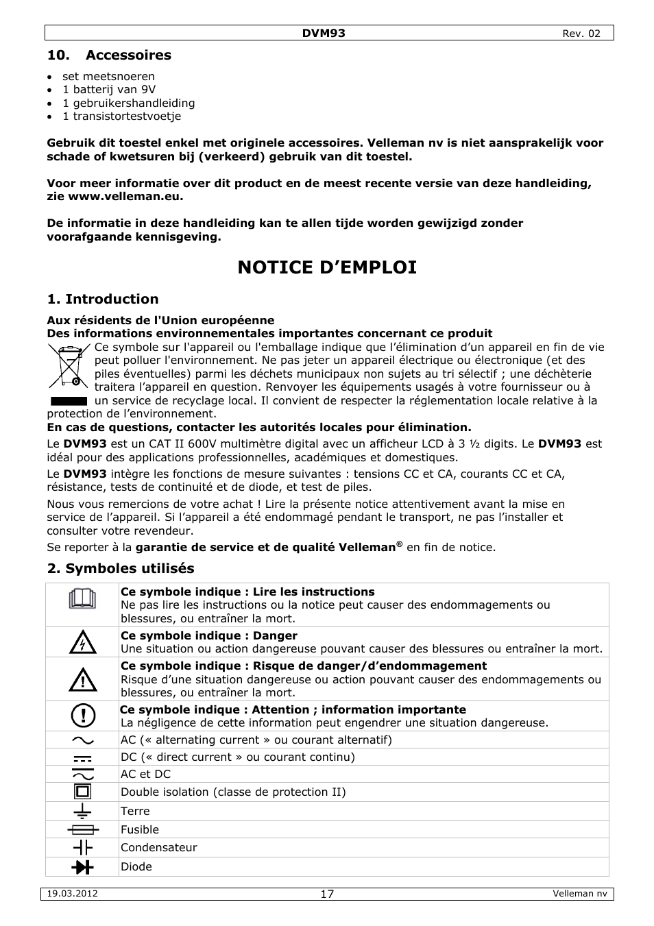 Notice d'emploi, Notic, Ce d’em | Mploi | Velleman DVM93 User Manual | Page 17 / 48