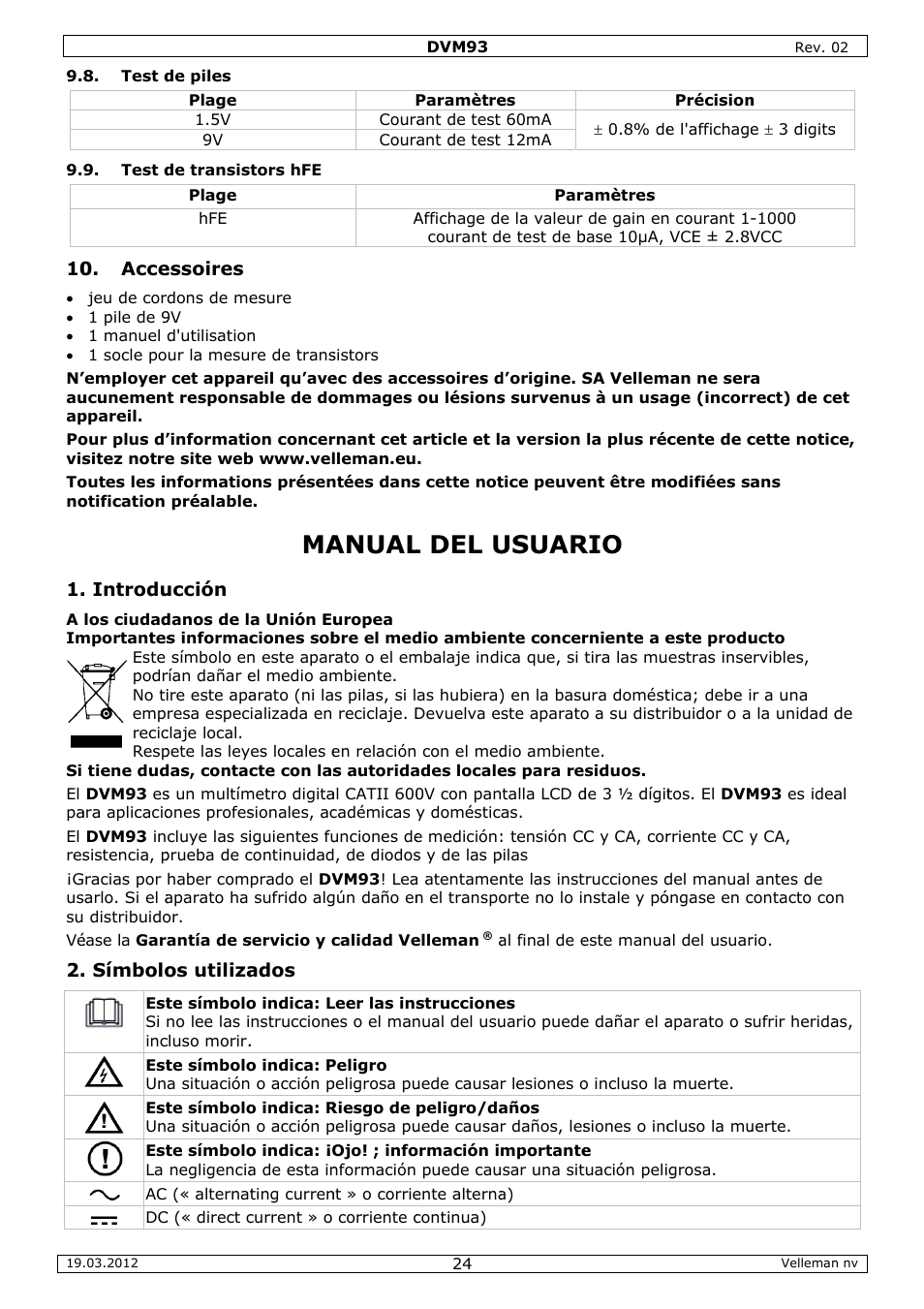 Manual del usuario, Anual, L del u | Usuar | Velleman DVM93 User Manual | Page 24 / 48