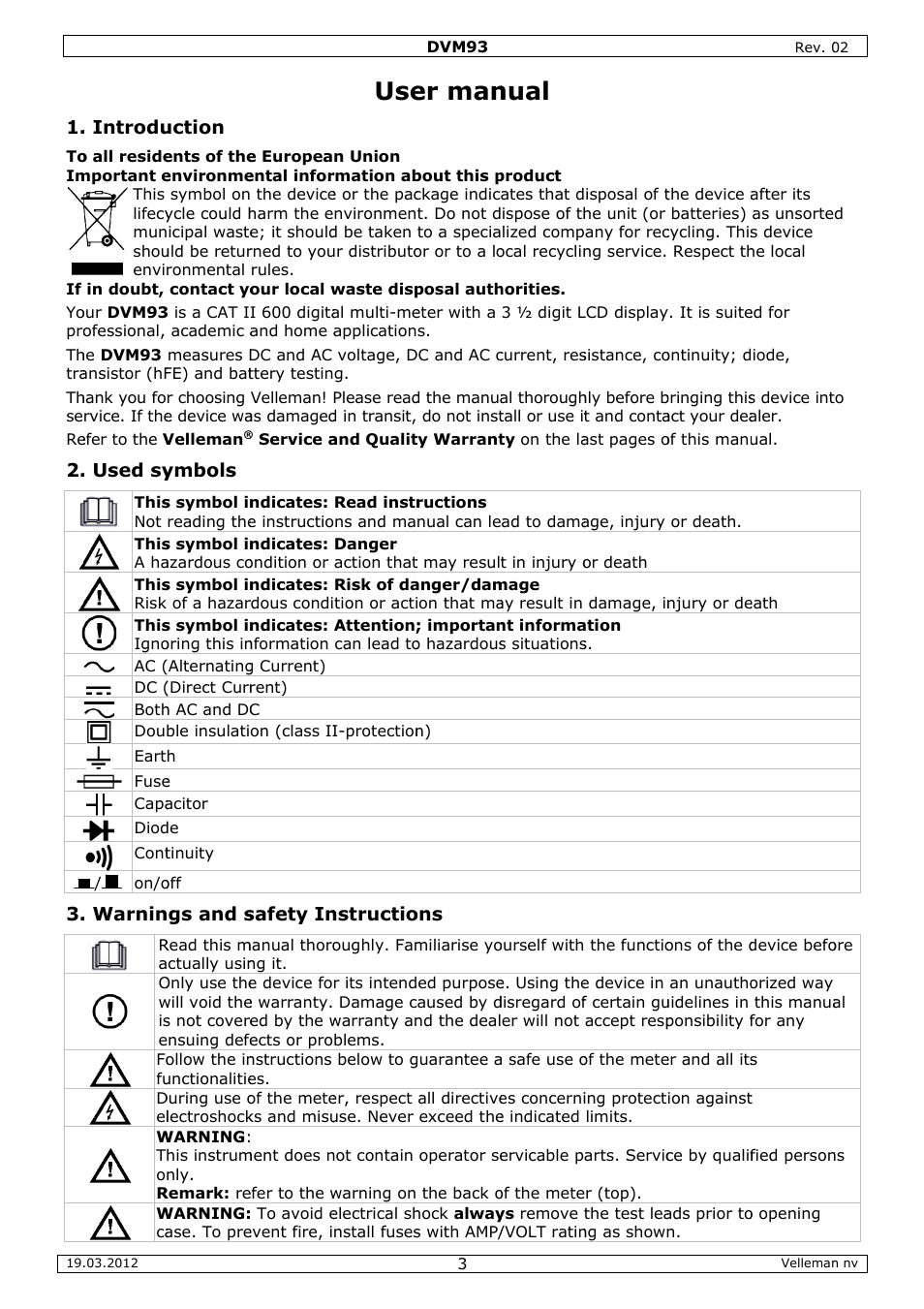 User manual, Er man, Nual | Velleman DVM93 User Manual | Page 3 / 48