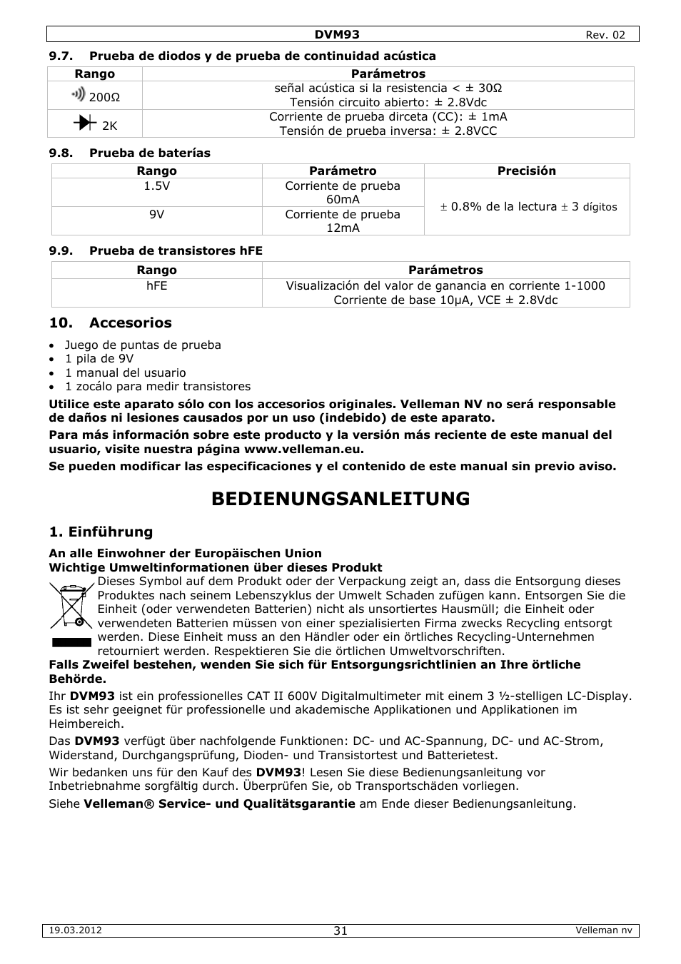 Bedienungsanleitung, Dienun, Ngsan | Nleitu | Velleman DVM93 User Manual | Page 31 / 48