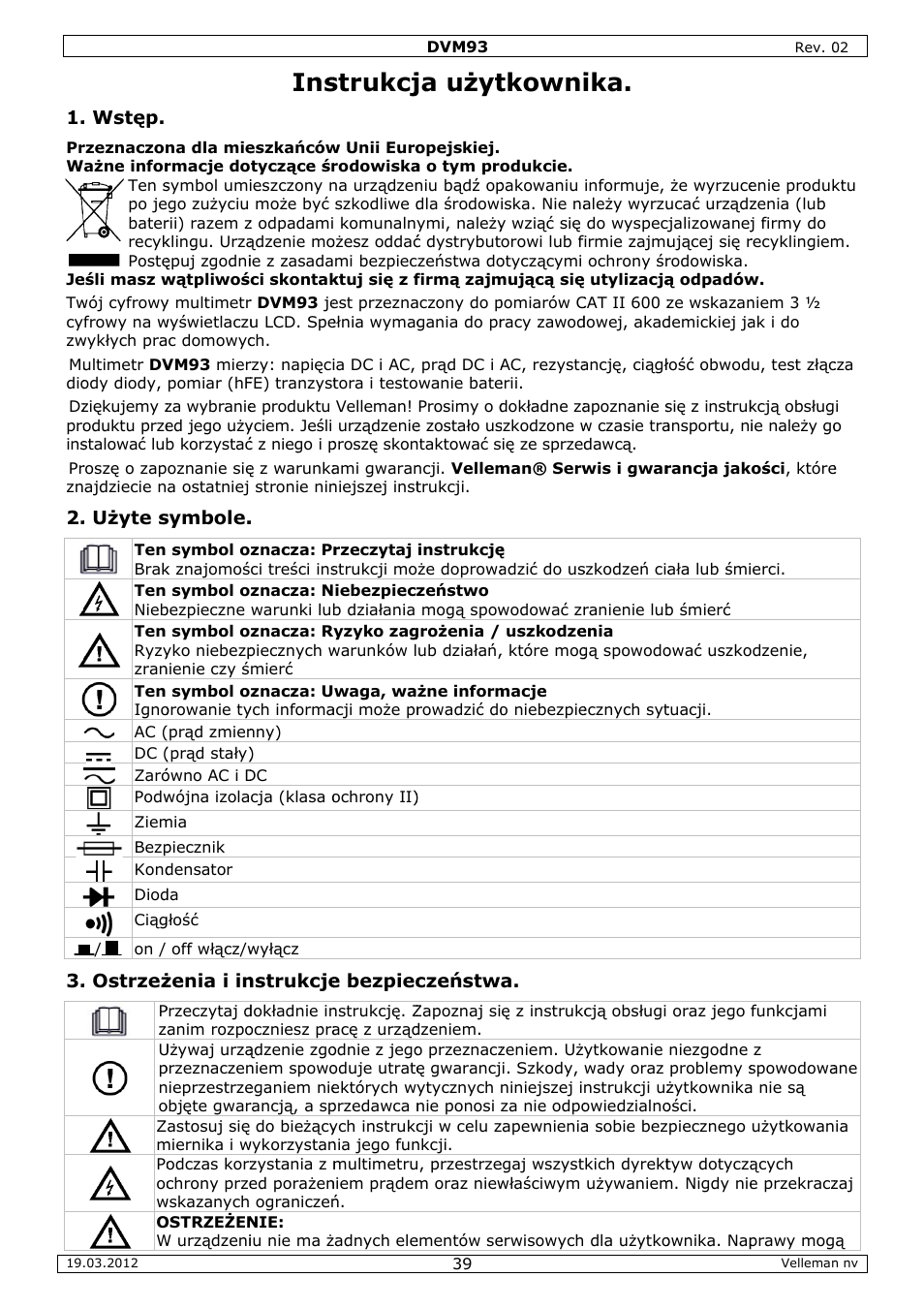 Instrukcja uzytkownika, Strukcj, Ja użyt | Tkowni | Velleman DVM93 User Manual | Page 39 / 48