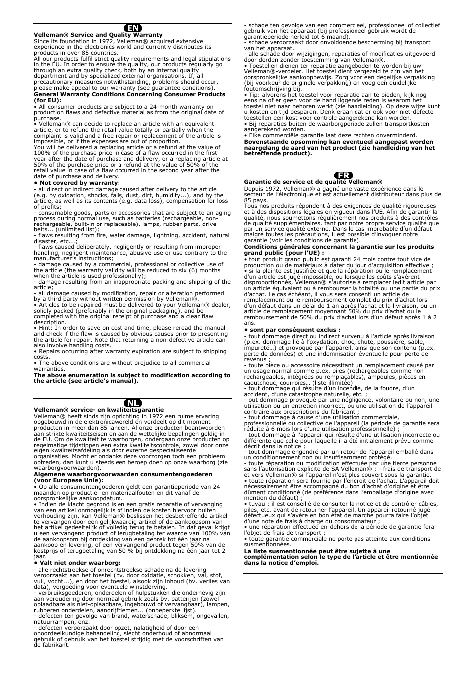 Warranty, Garantie nl, Garantie fr | Velleman DVM93 User Manual | Page 47 / 48