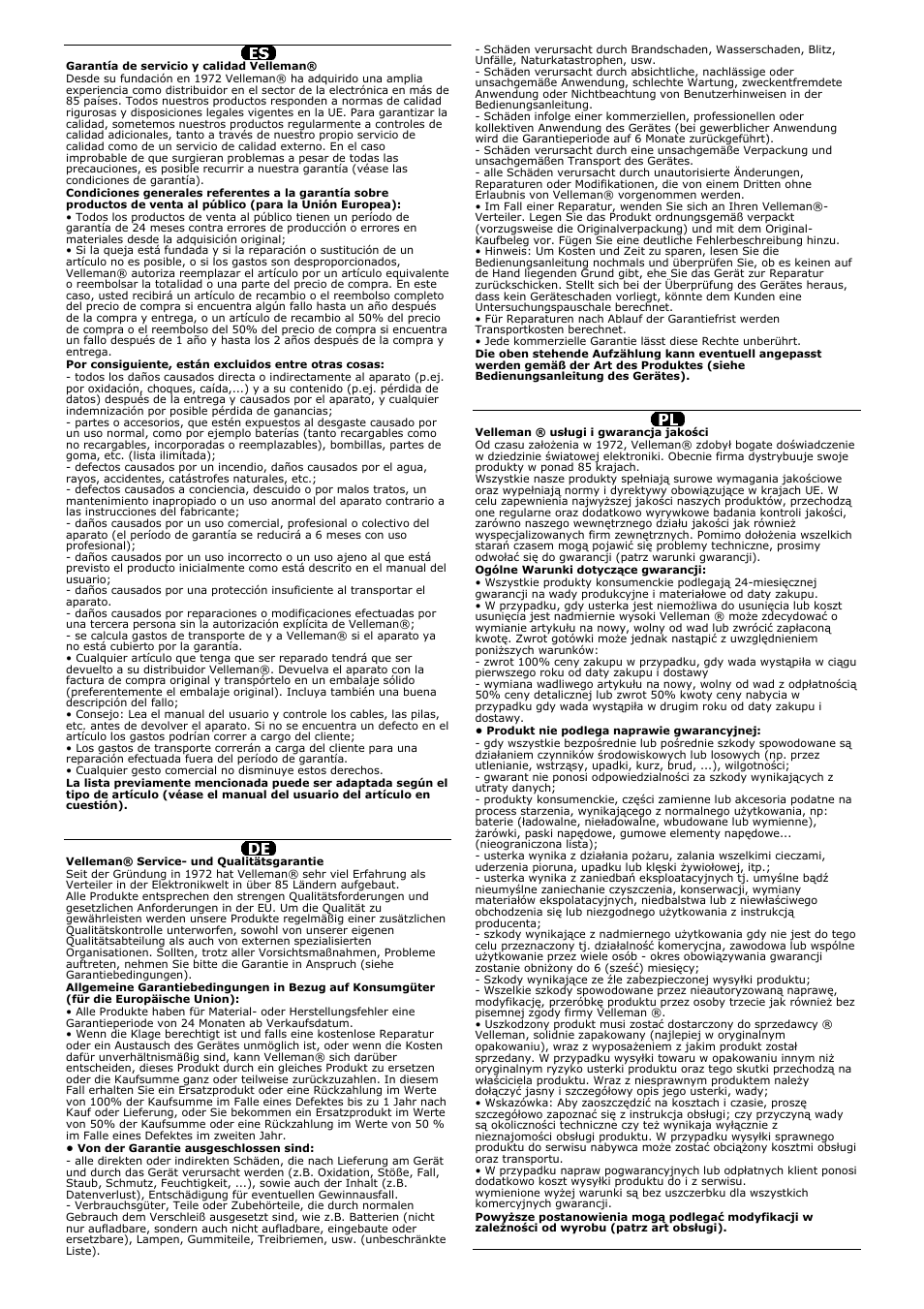 Garantía es, Garantie de, Gwarancja pl | Velleman DVM93 User Manual | Page 48 / 48
