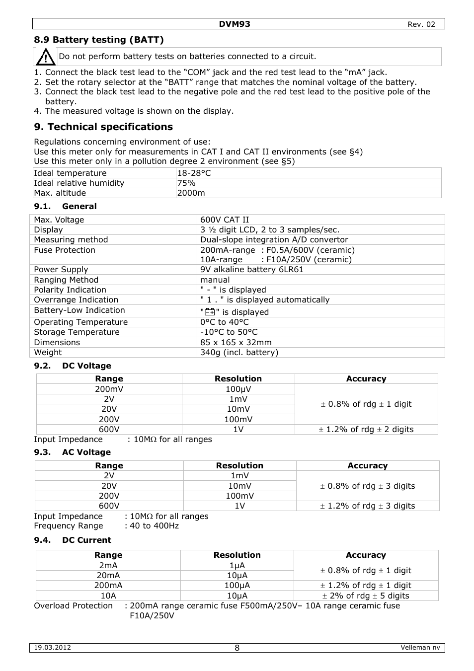 Velleman DVM93 User Manual | Page 8 / 48