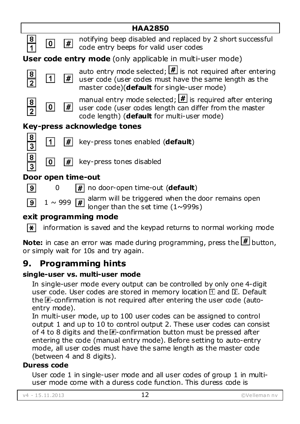 Programming hints | Velleman HAA2850 User Manual | Page 12 / 67