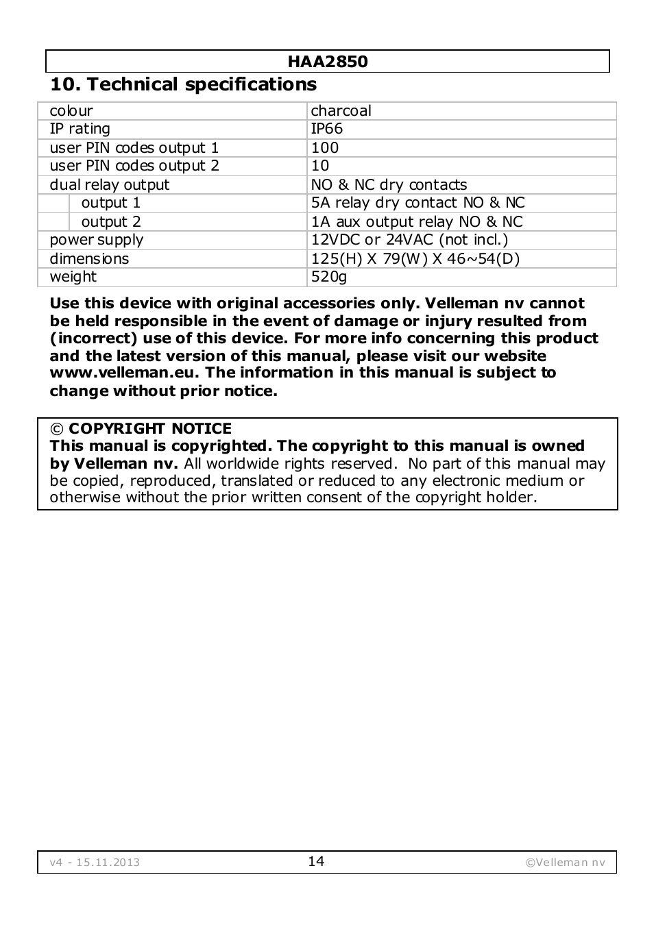 Technical specifications | Velleman HAA2850 User Manual | Page 14 / 67