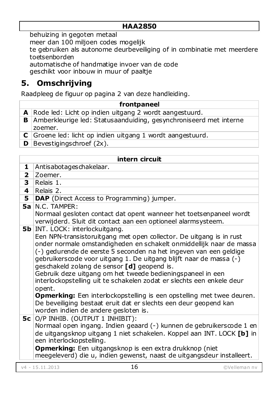 Omschrijving | Velleman HAA2850 User Manual | Page 16 / 67