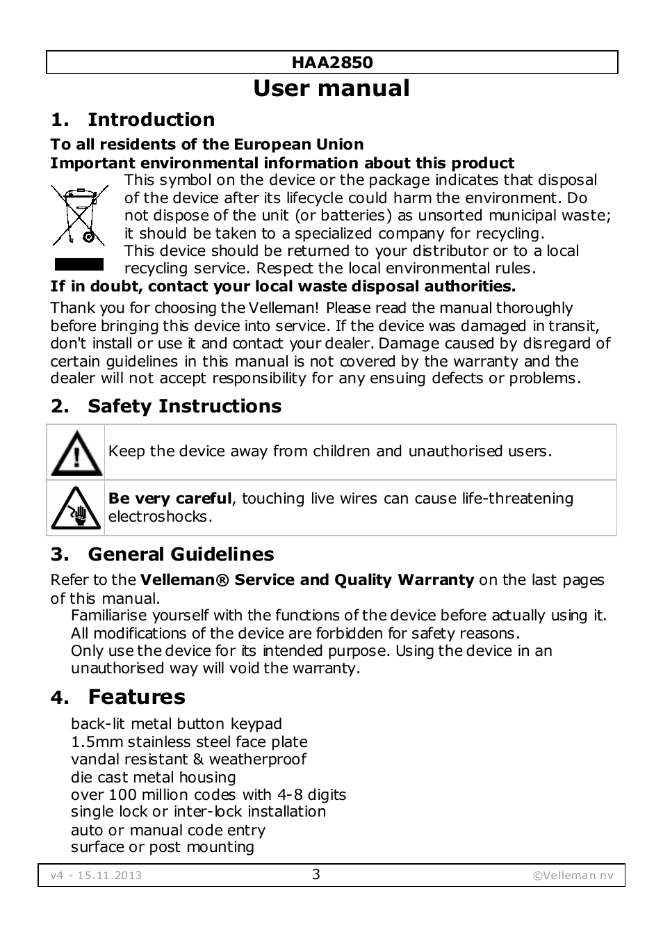 User manual, Features | Velleman HAA2850 User Manual | Page 3 / 67