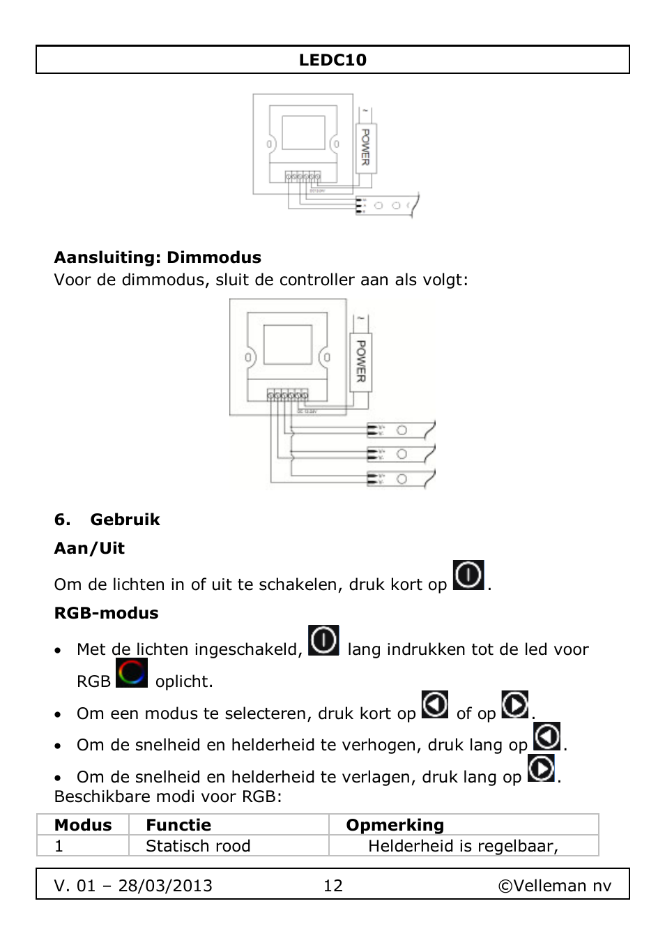 Aansluiting: dimmodus, Gebruik, Aan/uit | Rgb-modus | Velleman LEDC10 User Manual | Page 12 / 54