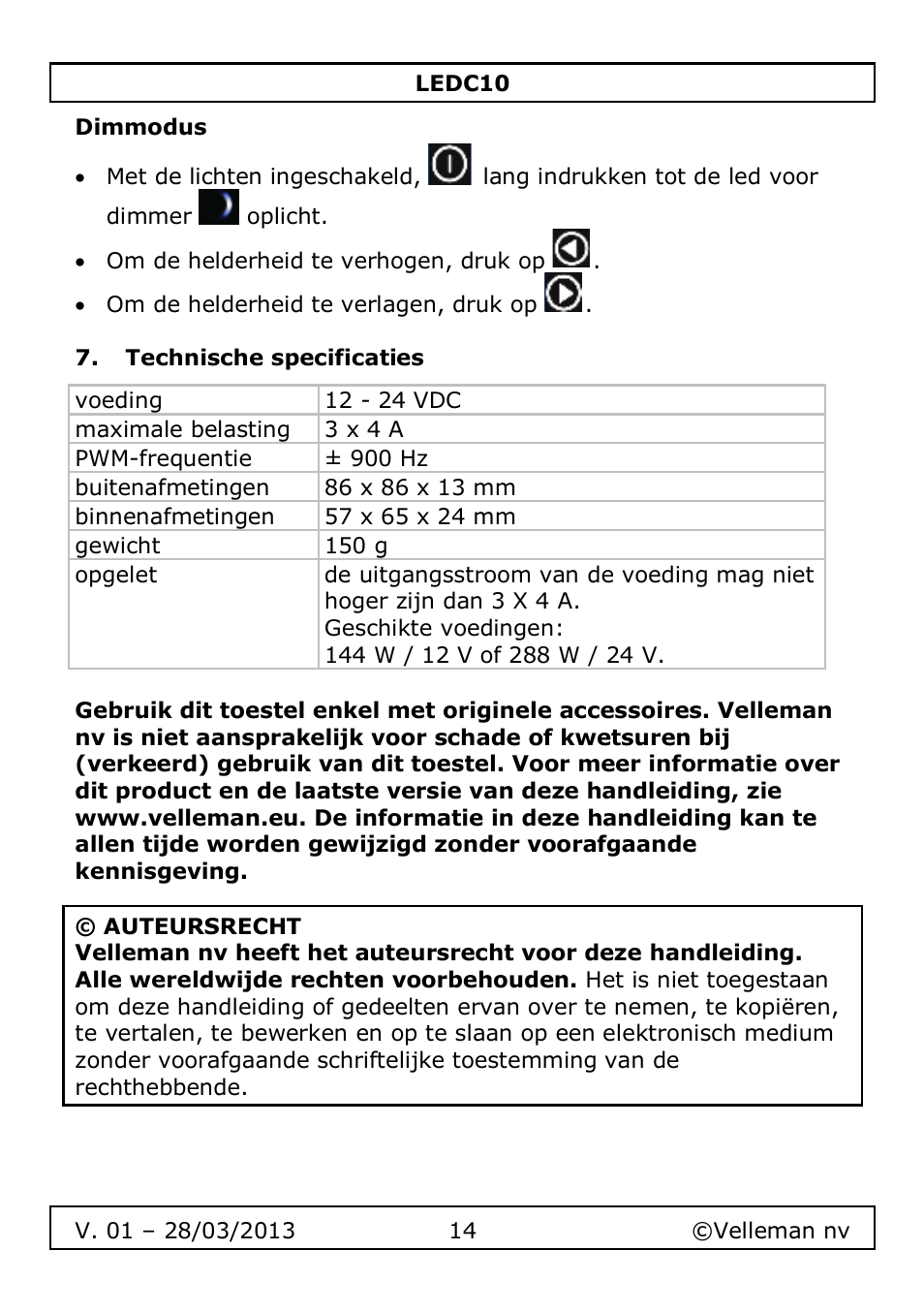 Dimmodus, Technische specificaties | Velleman LEDC10 User Manual | Page 14 / 54