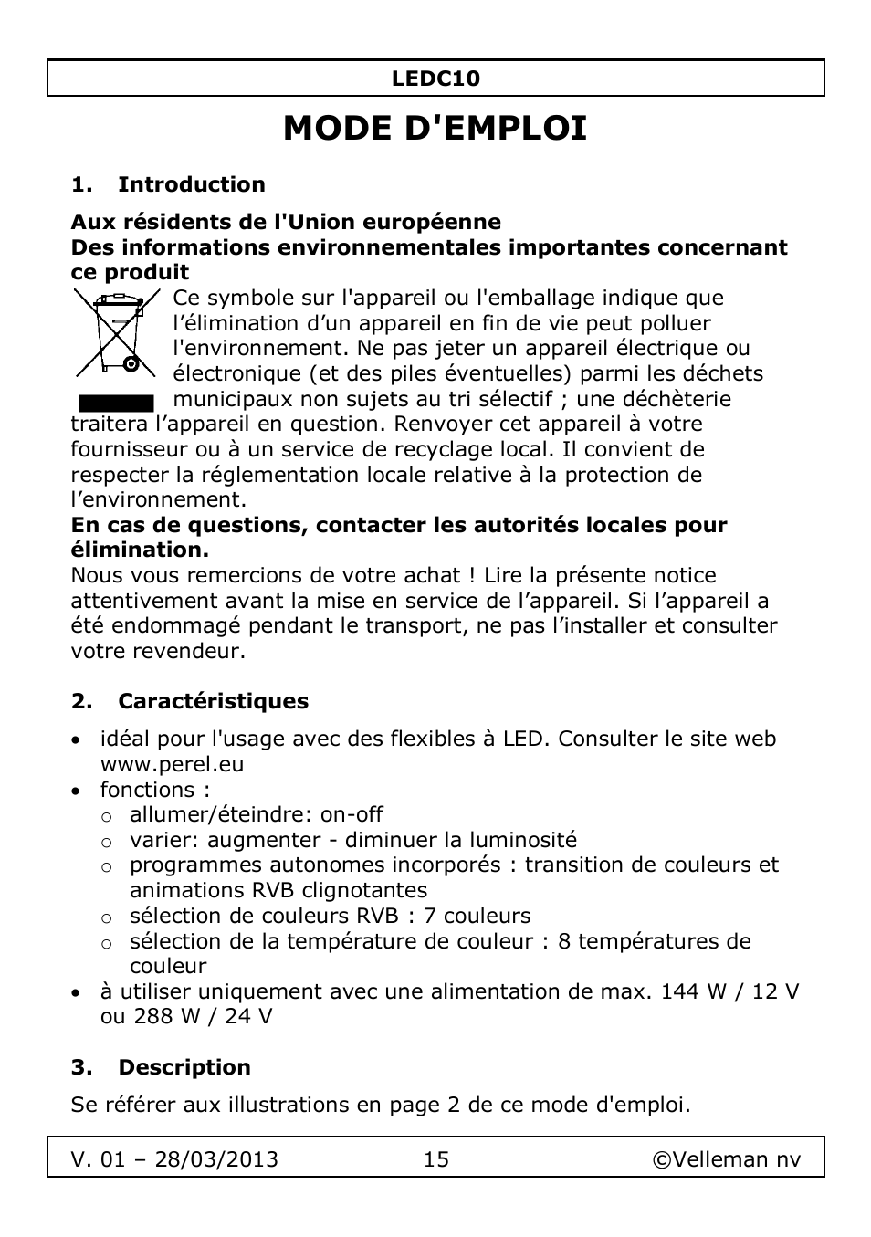 Mode d'emploi, Introduction, Caractéristiques | Description | Velleman LEDC10 User Manual | Page 15 / 54