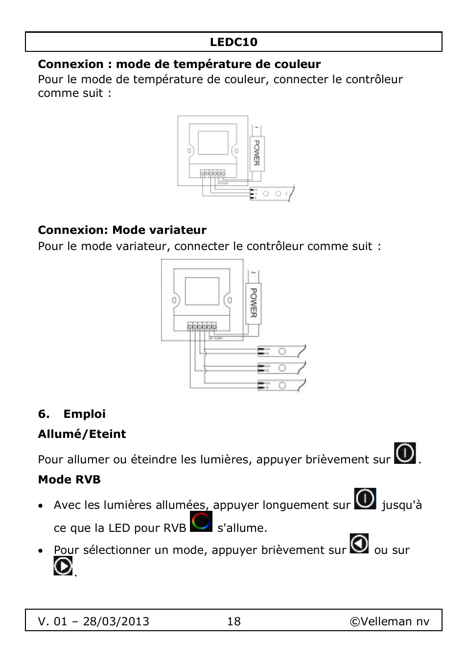 Connexion : mode de température de couleur, Connexion: mode variateur, Emploi | Allumé/eteint, Mode rvb | Velleman LEDC10 User Manual | Page 18 / 54