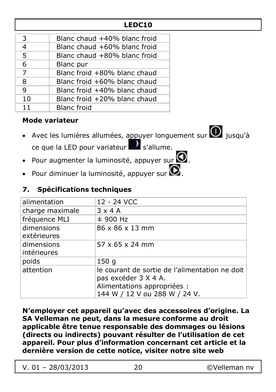 Mode variateur, Spécifications techniques | Velleman LEDC10 User Manual | Page 20 / 54