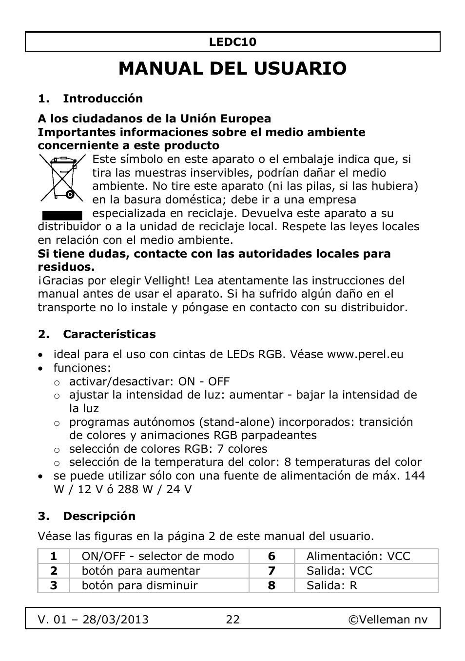 Manual del usuario, Introducción, Características | Descripción | Velleman LEDC10 User Manual | Page 22 / 54