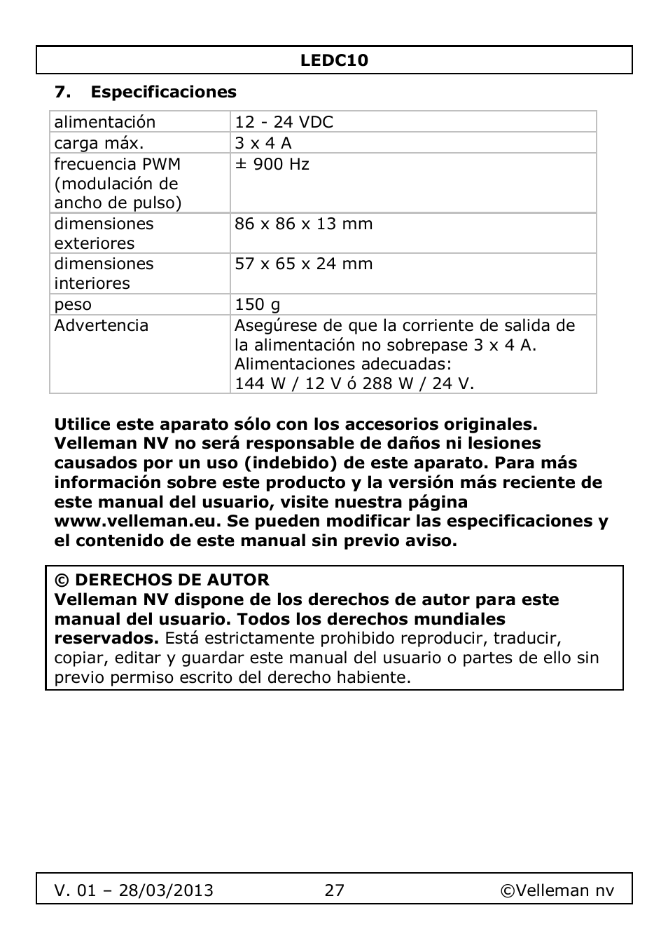 Especificaciones | Velleman LEDC10 User Manual | Page 27 / 54