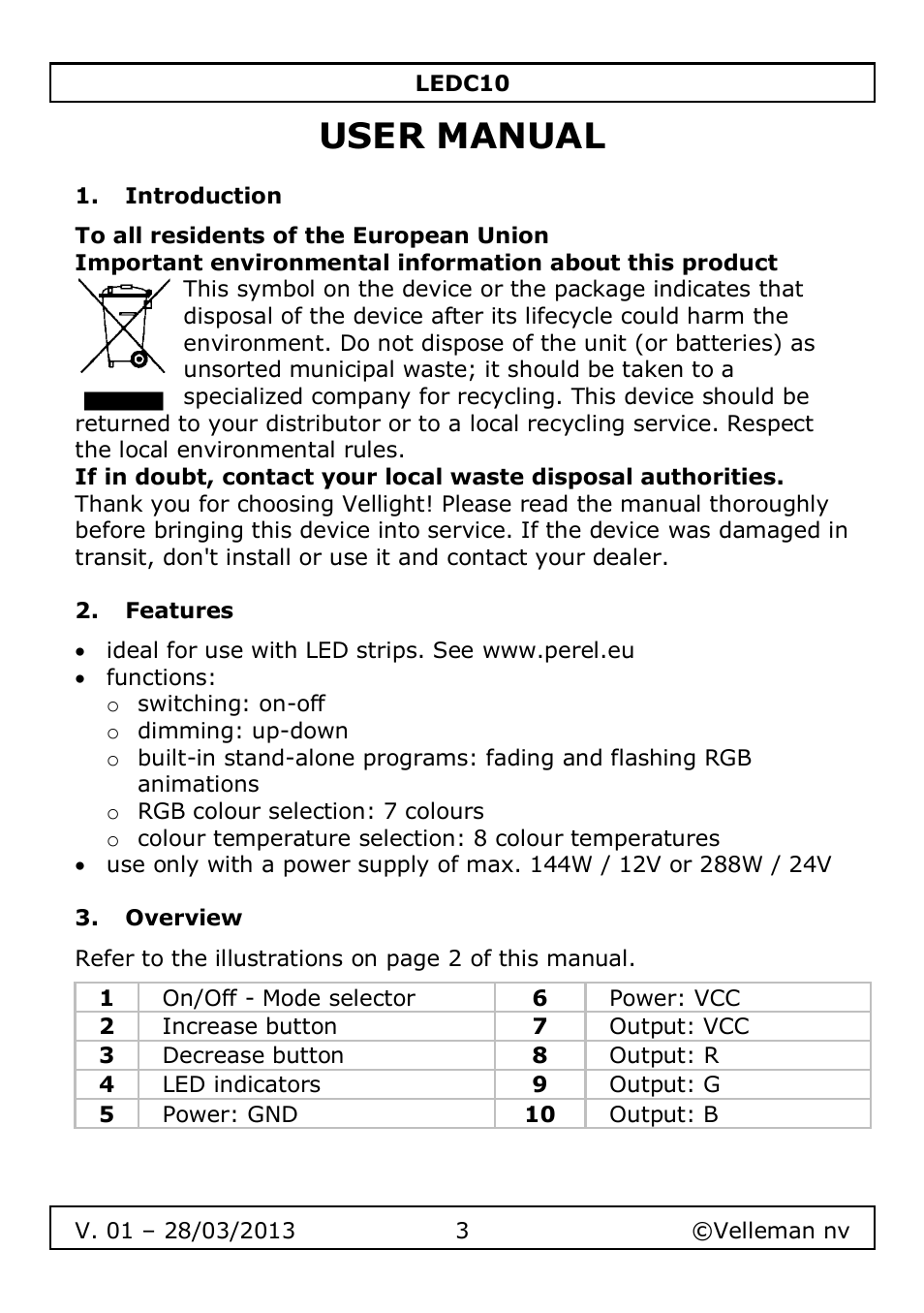 User manual, Introduction, Features | Overview | Velleman LEDC10 User Manual | Page 3 / 54
