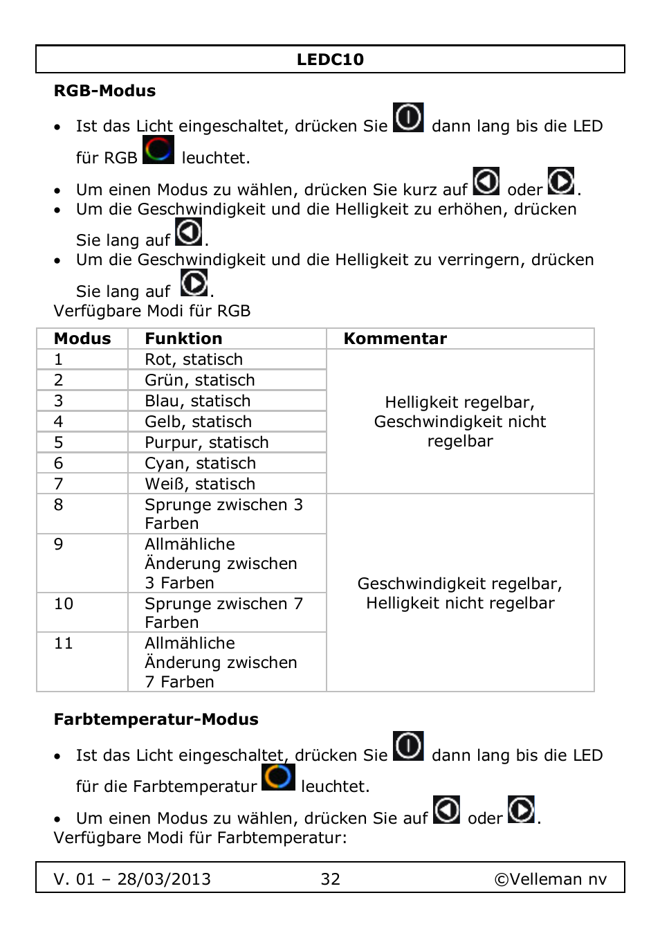 Rgb-modus, Farbtemperatur-modus | Velleman LEDC10 User Manual | Page 32 / 54