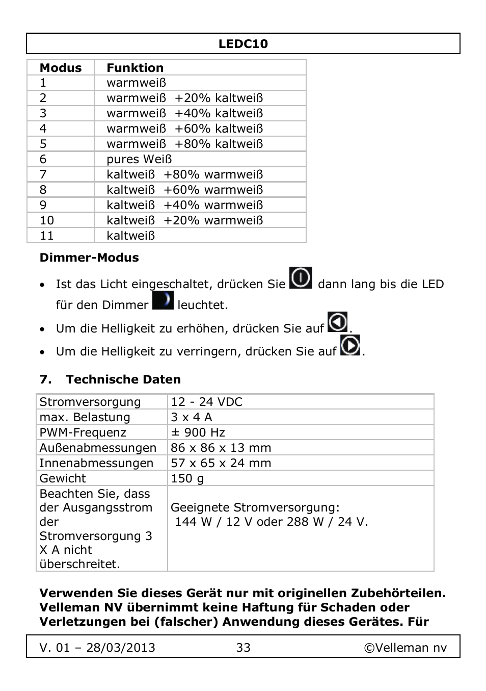 Dimmer-modus, Technische daten | Velleman LEDC10 User Manual | Page 33 / 54