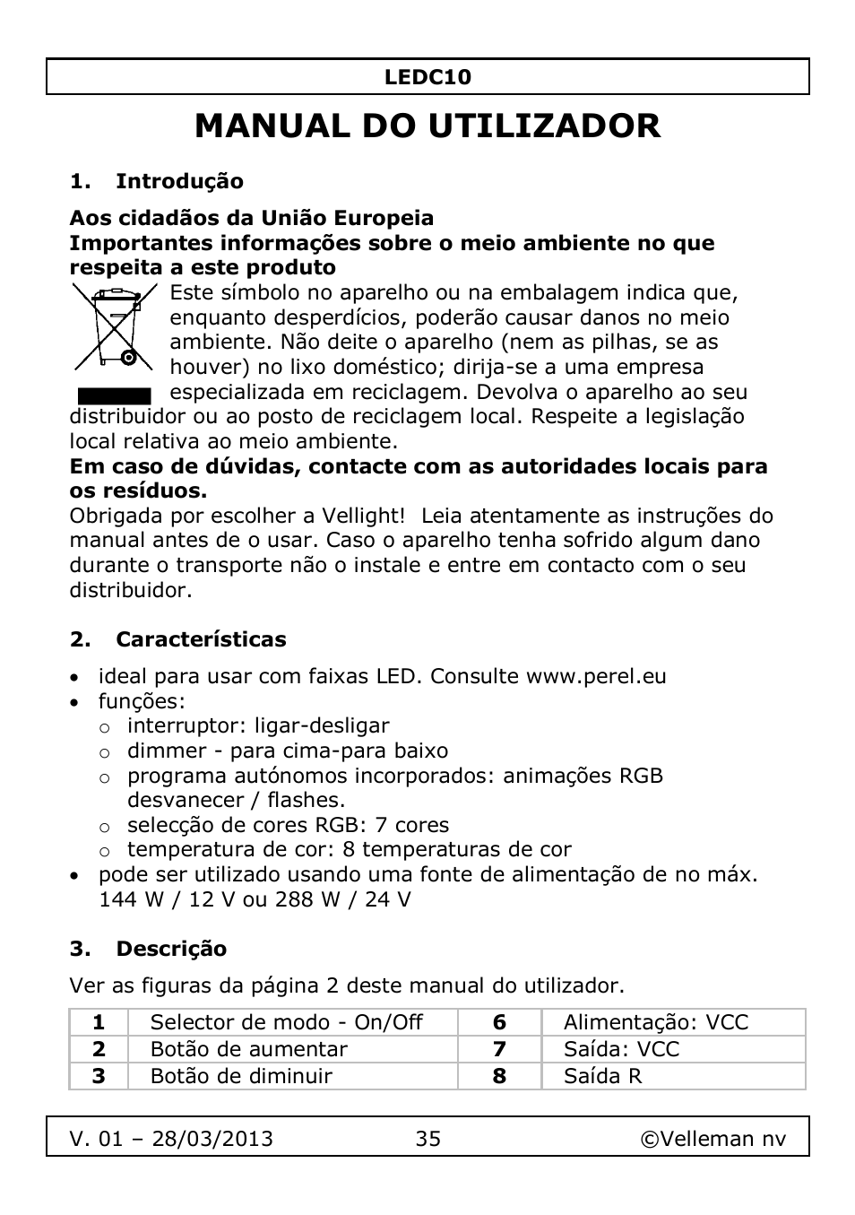 Manual do utilizador, Introdução, Características | Descrição | Velleman LEDC10 User Manual | Page 35 / 54