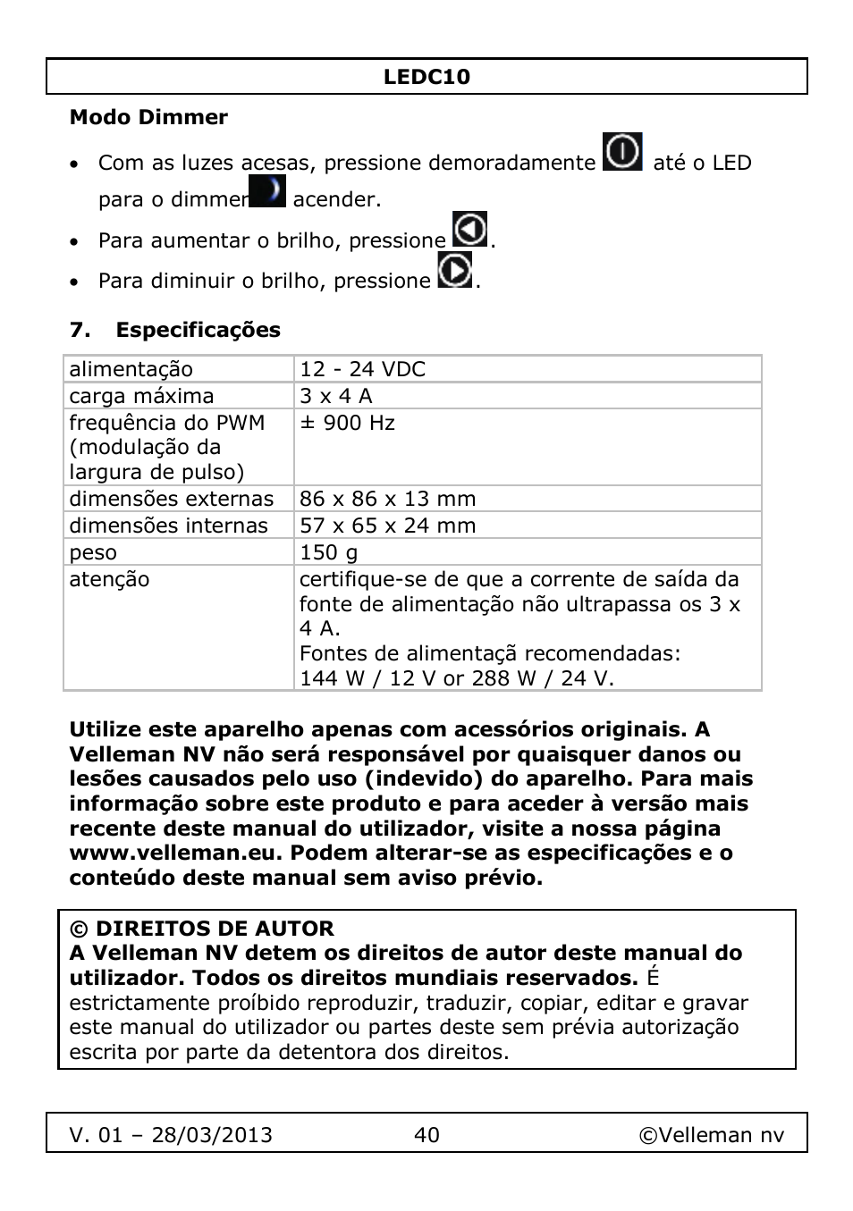 Modo dimmer, Especificações | Velleman LEDC10 User Manual | Page 40 / 54