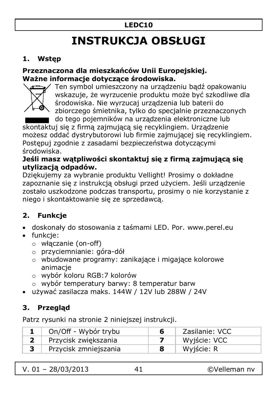 Instrukcja obsługi, Wstęp, Funkcje | Przegląd | Velleman LEDC10 User Manual | Page 41 / 54