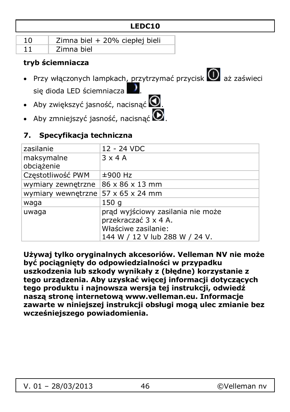 Tryb ściemniacza, Specyfikacja techniczna | Velleman LEDC10 User Manual | Page 46 / 54