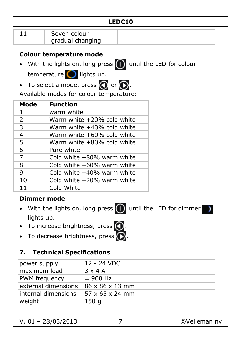 Colour temperature mode, Dimmer mode, Technical specifications | Velleman LEDC10 User Manual | Page 7 / 54