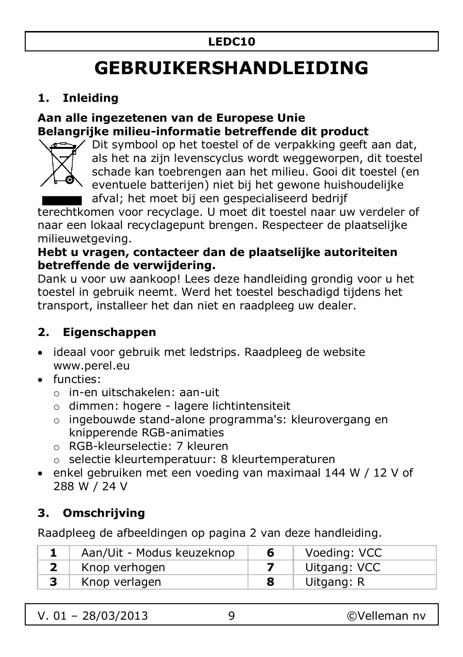 Gebruikershandleiding, Inleiding, Eigenschappen | Omschrijving | Velleman LEDC10 User Manual | Page 9 / 54