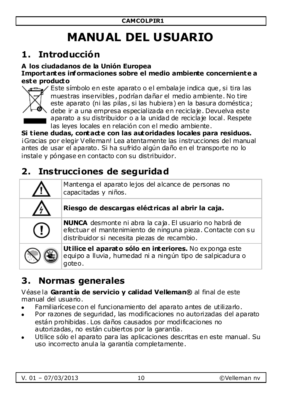 Manual del usuario, Introducción, Instrucciones de seguridad | Normas generales | Velleman CAMCOLPIR1 User Manual | Page 10 / 17