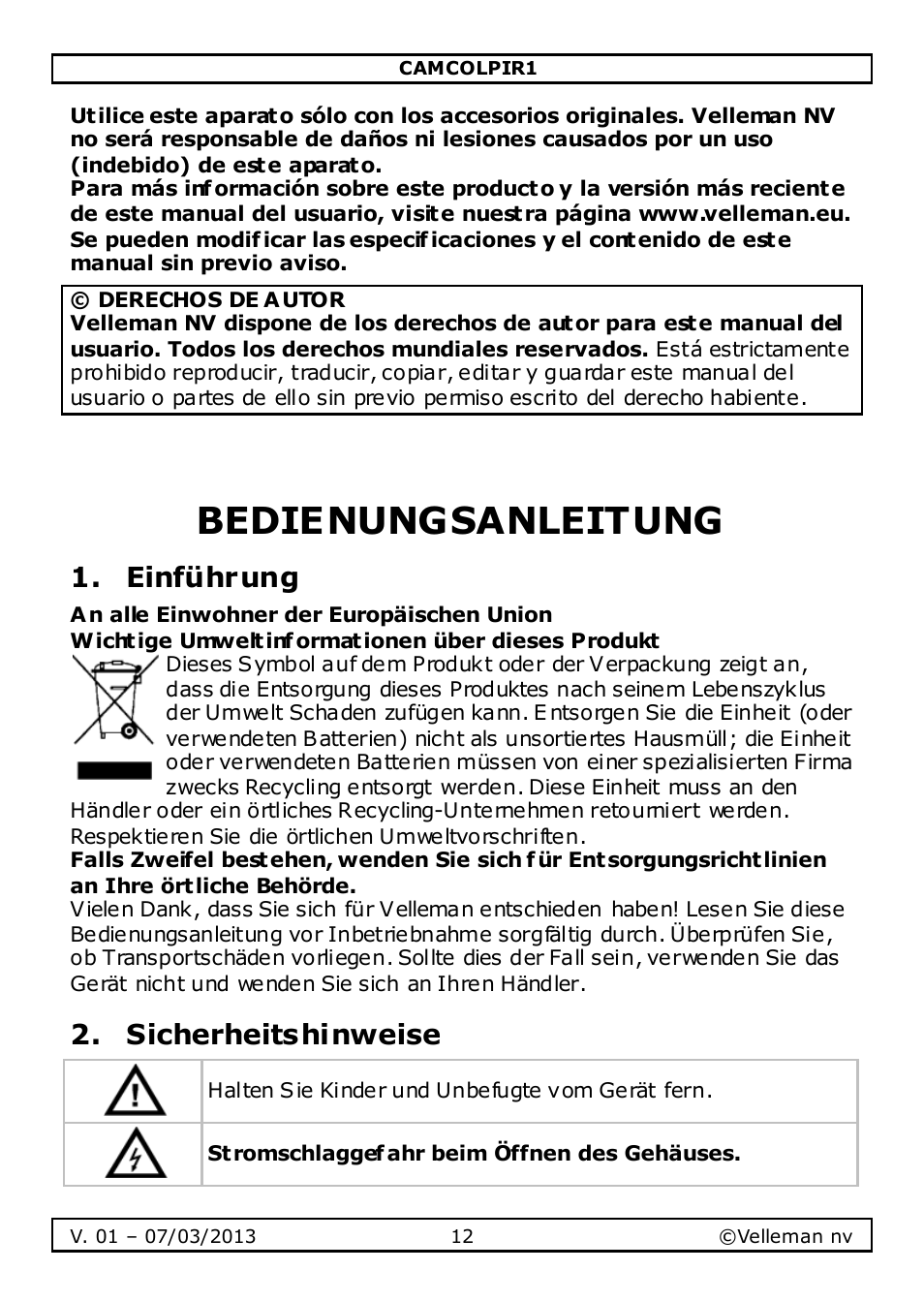 Bedienungsanleitung, Einführung, Sicherheitshinweise | Velleman CAMCOLPIR1 User Manual | Page 12 / 17