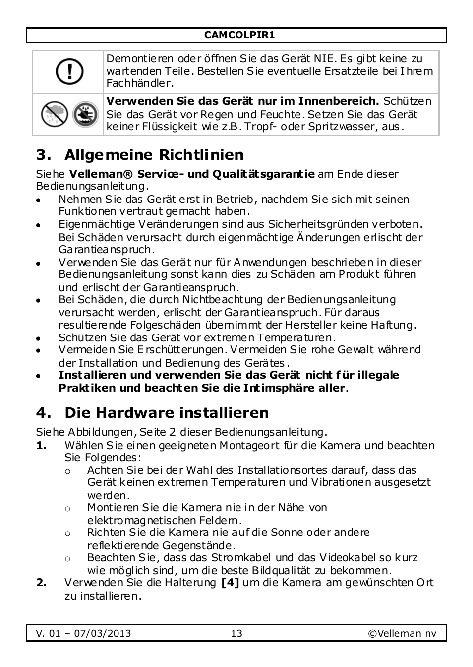 Allgemeine richtlinien, Die hardware installieren | Velleman CAMCOLPIR1 User Manual | Page 13 / 17