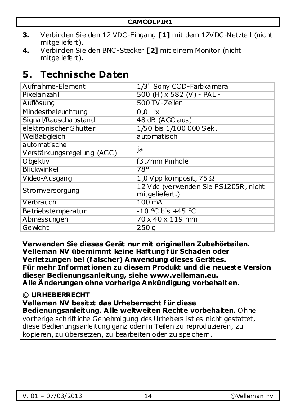 Technische daten | Velleman CAMCOLPIR1 User Manual | Page 14 / 17