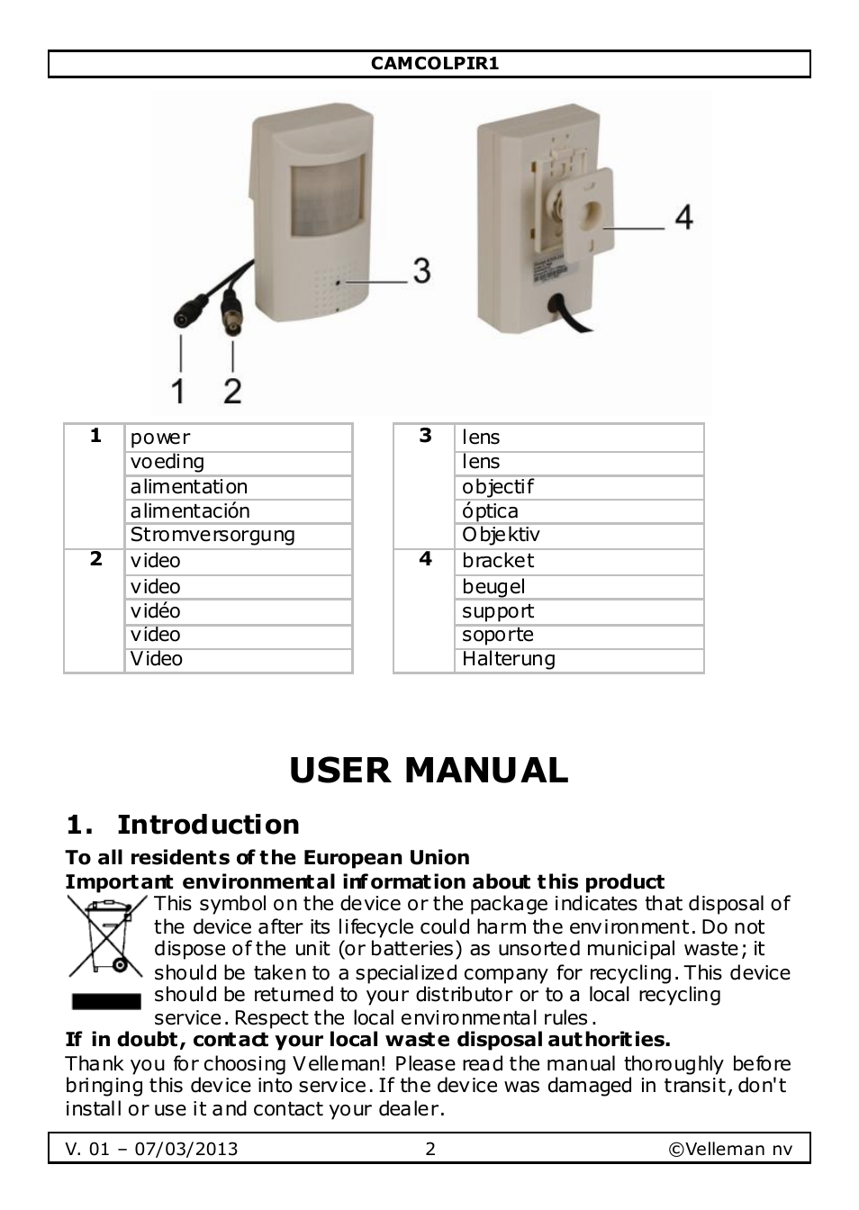 User manual, Introduction | Velleman CAMCOLPIR1 User Manual | Page 2 / 17