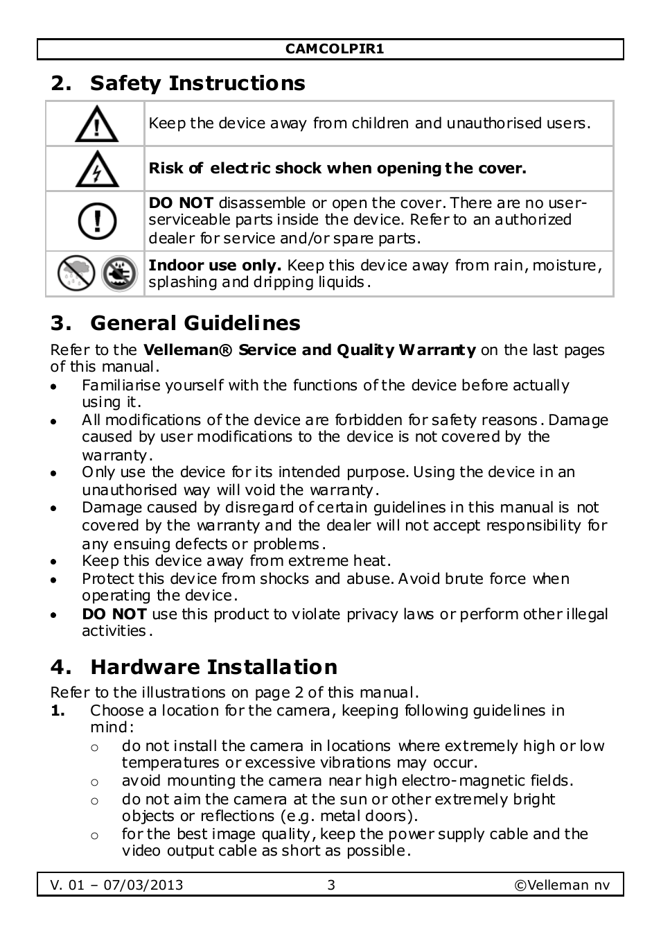 Safety instructions, General guidelines, Hardware installation | Velleman CAMCOLPIR1 User Manual | Page 3 / 17