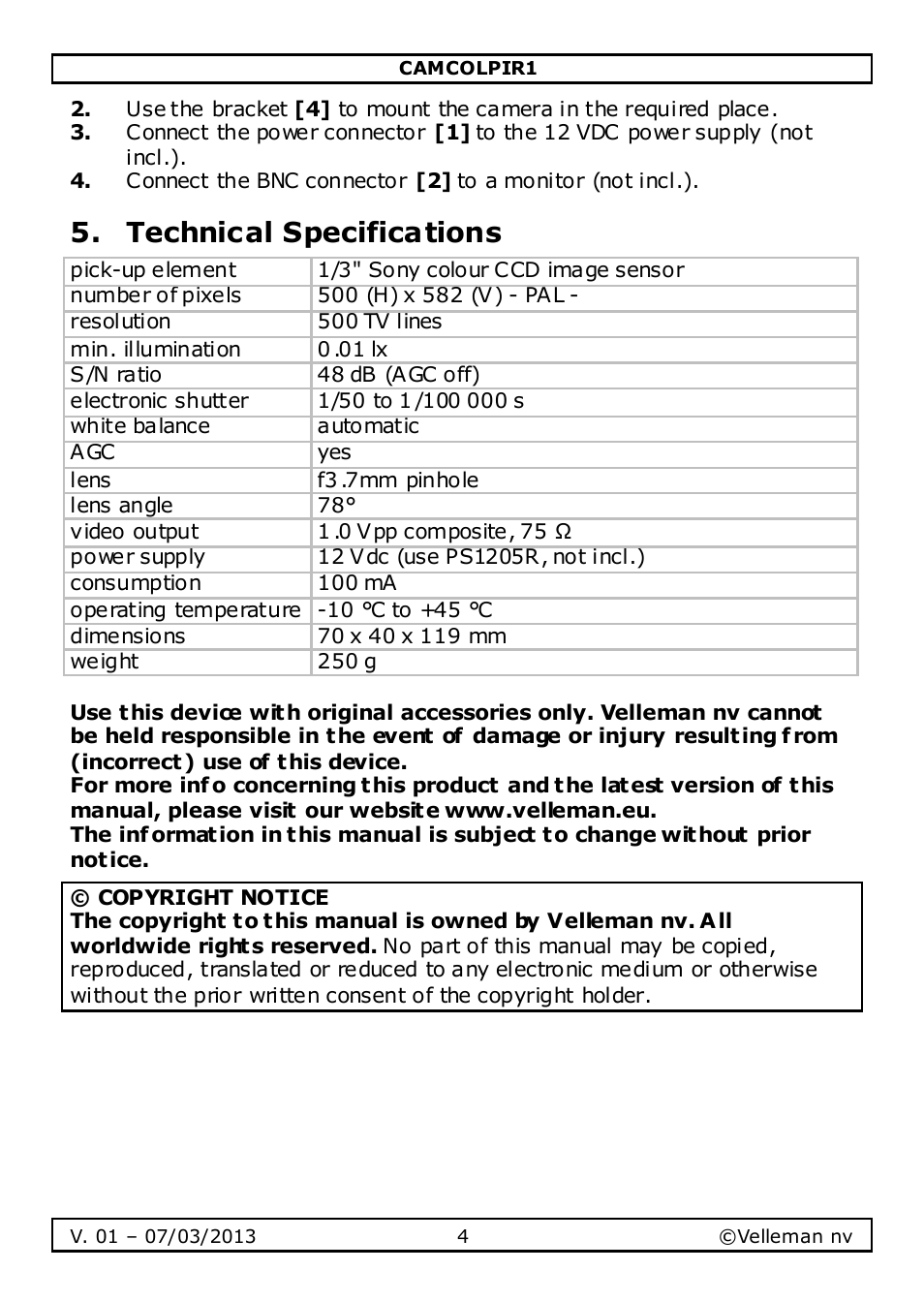 Technical specifications | Velleman CAMCOLPIR1 User Manual | Page 4 / 17