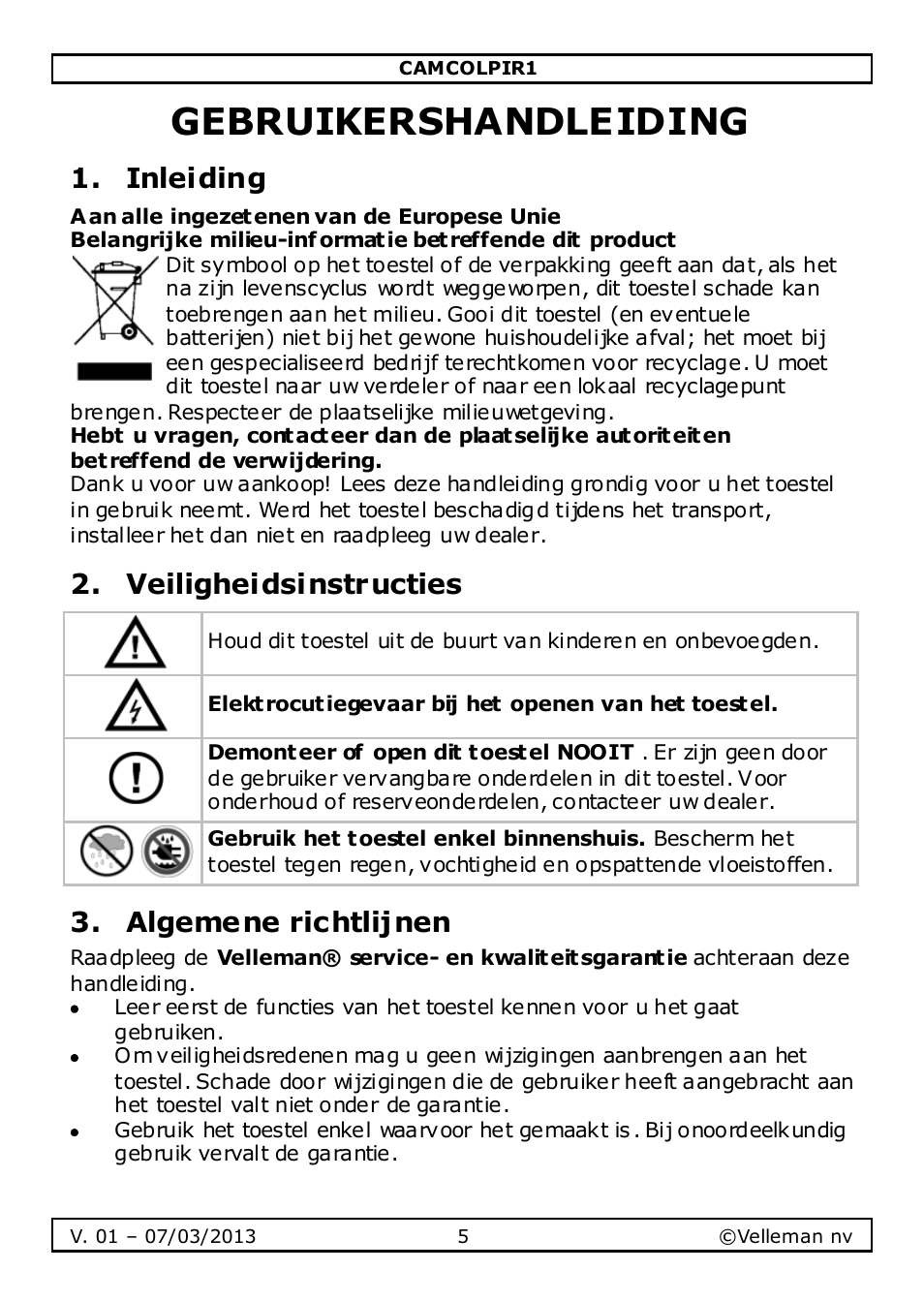 Gebruikershandleiding, Inleiding, Veiligheidsinstructies | Algemene richtlijnen | Velleman CAMCOLPIR1 User Manual | Page 5 / 17