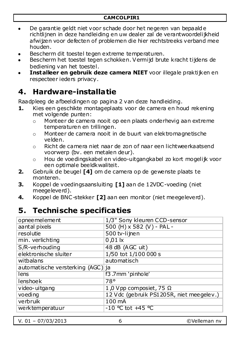 Hardware-installatie, Technische specificaties | Velleman CAMCOLPIR1 User Manual | Page 6 / 17