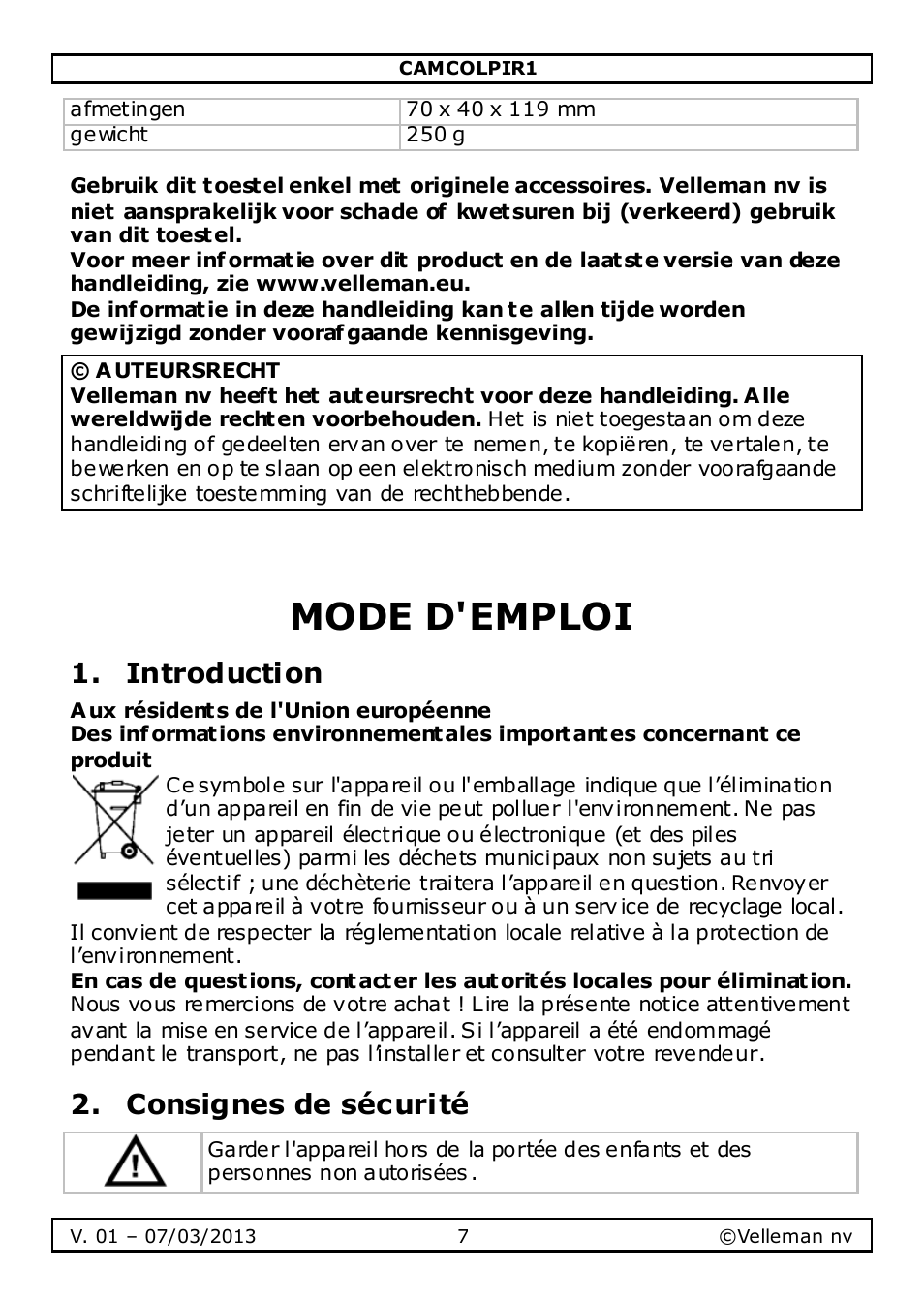 Mode d'emploi, Introduction, Consignes de sécurité | Velleman CAMCOLPIR1 User Manual | Page 7 / 17